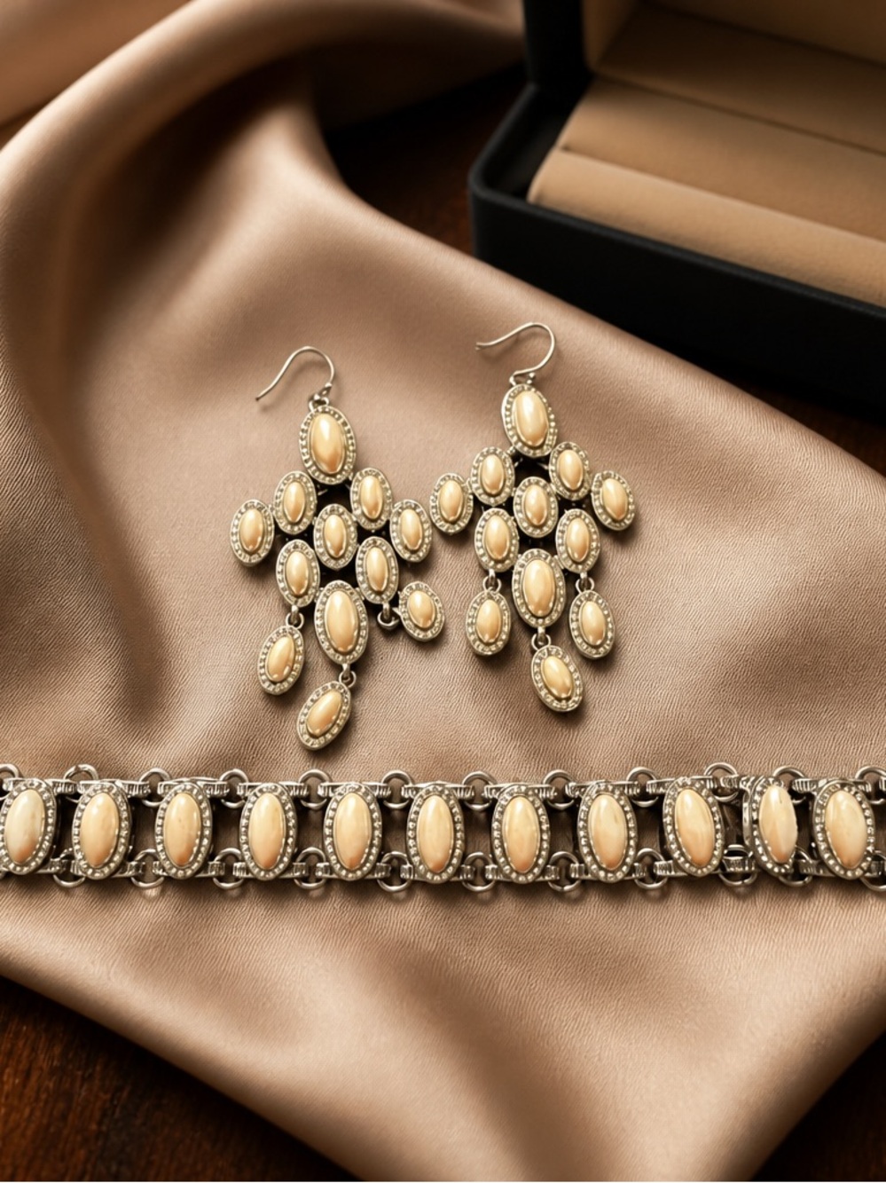 Gold-Tone Faux Perl Chandelier Earrings and Bracelet Set